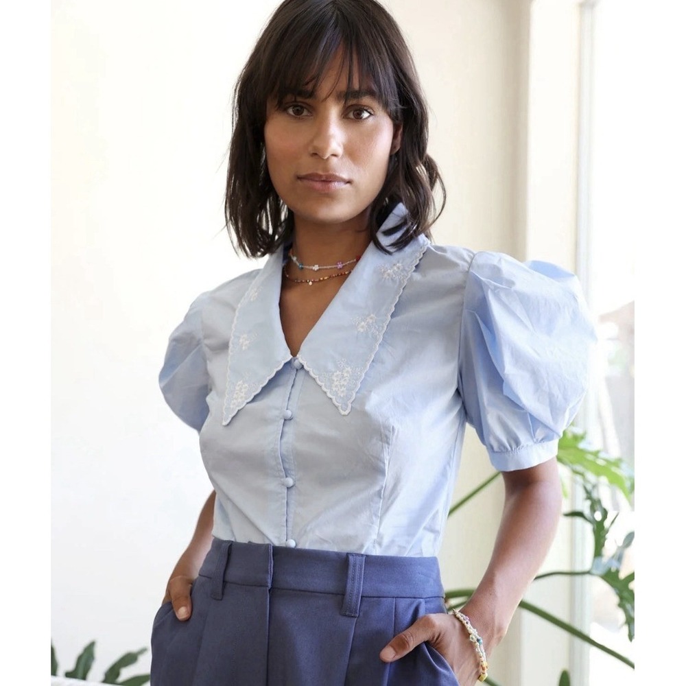 Greylin Anthropologie Baby Blue Janis Poplin XS Embroidered Blouse Cottagecore